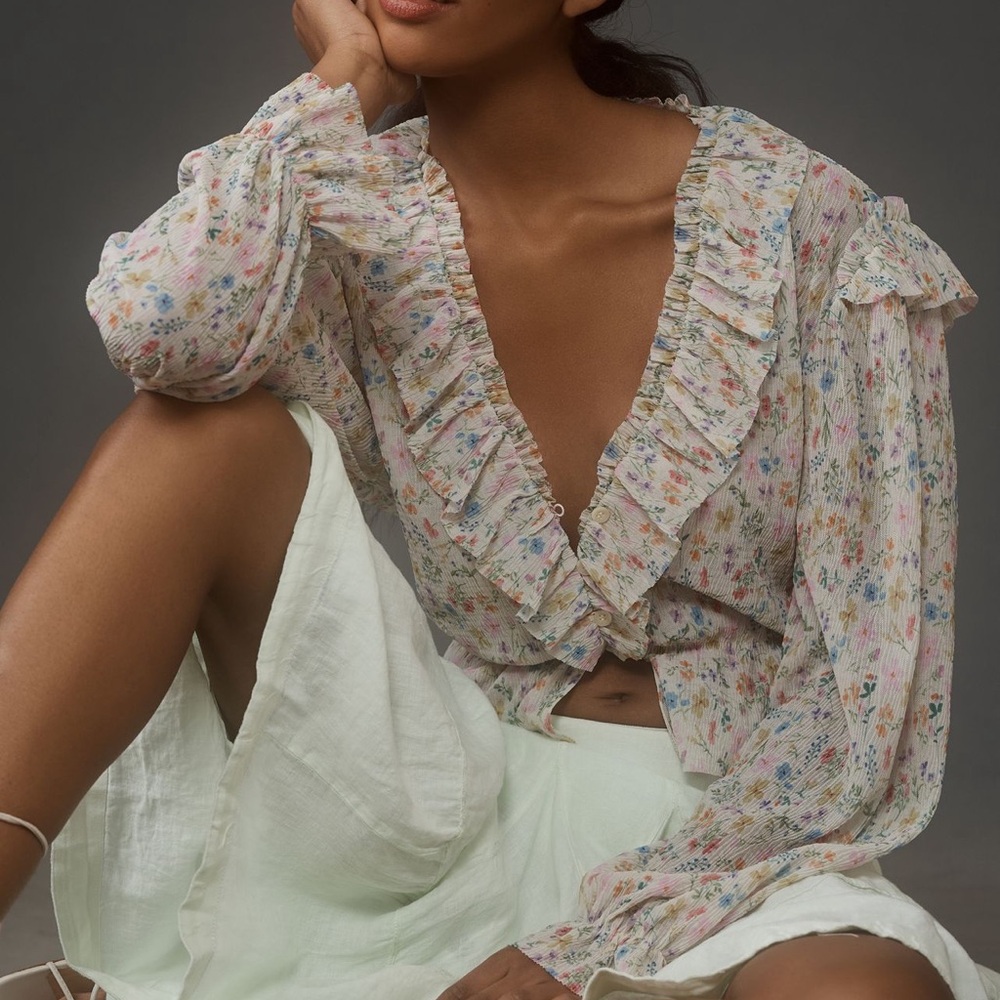 Anthropologie Long sleeve Mesh Floral Ruffle Blouse